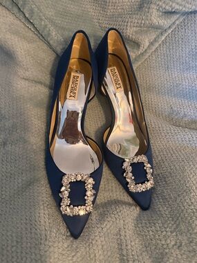 Badgley Mischka Royal Blue Crystal-Buckle Pointed Satin Pumps